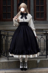 Rose Embroidery Long Sleeves Ruffle Bowknot Fake Two Pieces Elegant Lolita Dress 2 Colors - Black - 1