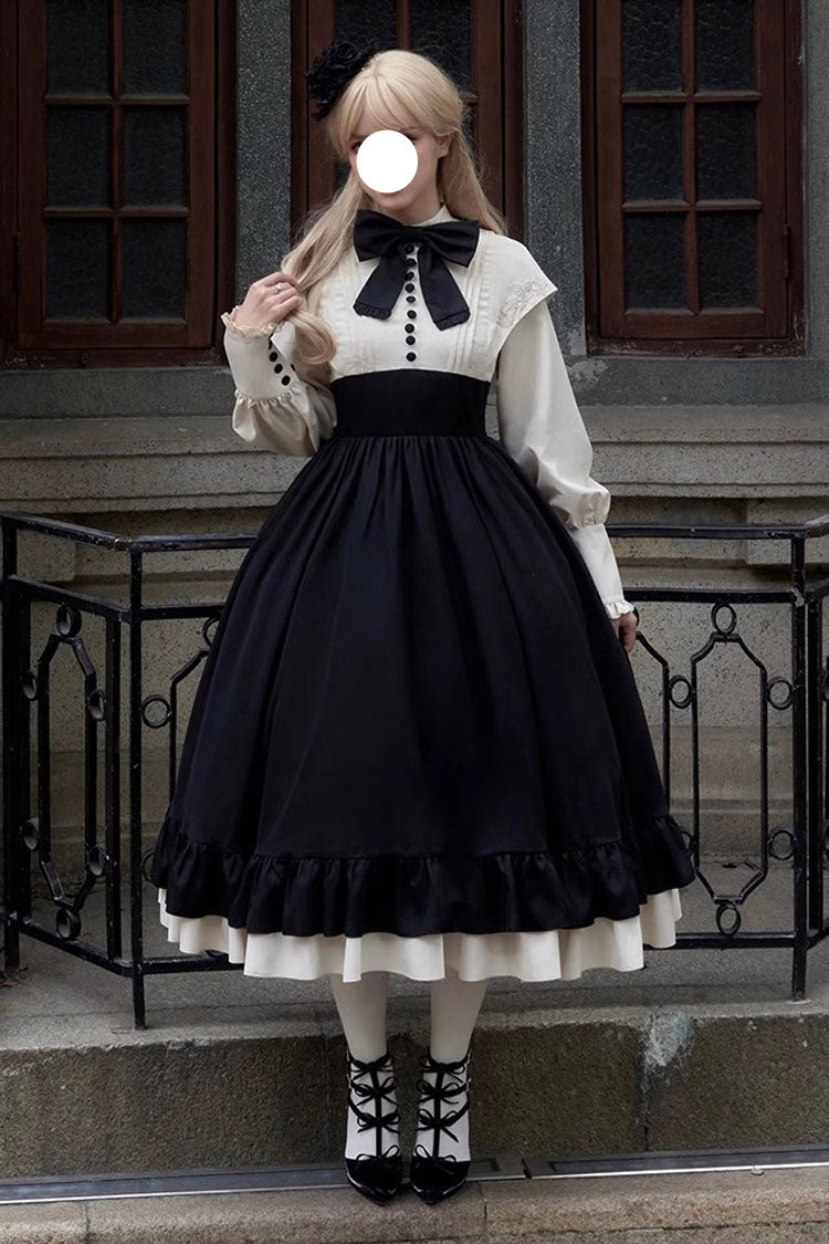Rose Embroidery Long Sleeves Ruffle Bowknot Fake Two Pieces Elegant Lolita Dress 2 Colors - Black - 1