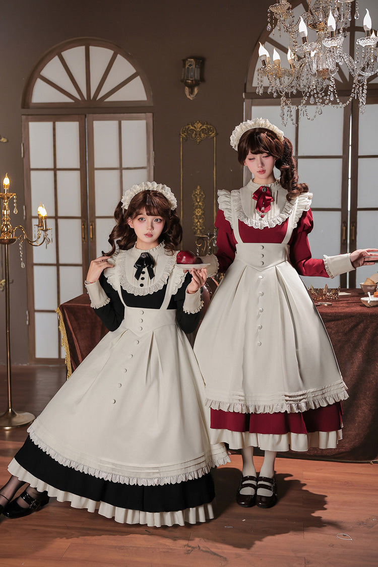 [Miss Lita] Stand Collar Long Lantern Sleeves Triple-Layered Ruffled Classic Elegant Maid Lolita Dress 2 Colors (Red, Black) - Product - 5