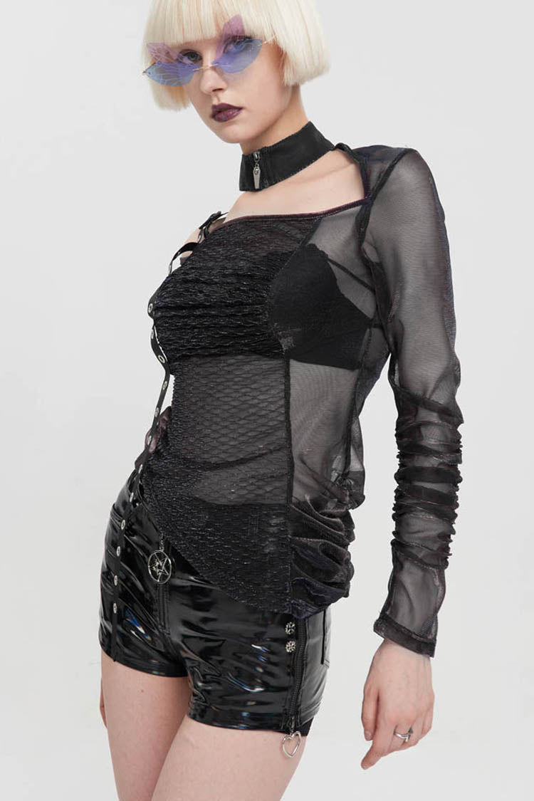 Black Long Sleeve Neck Zipper Asymmetric One Shoulder Strap Mesh Women's Punk T-Shirt - Product - 5