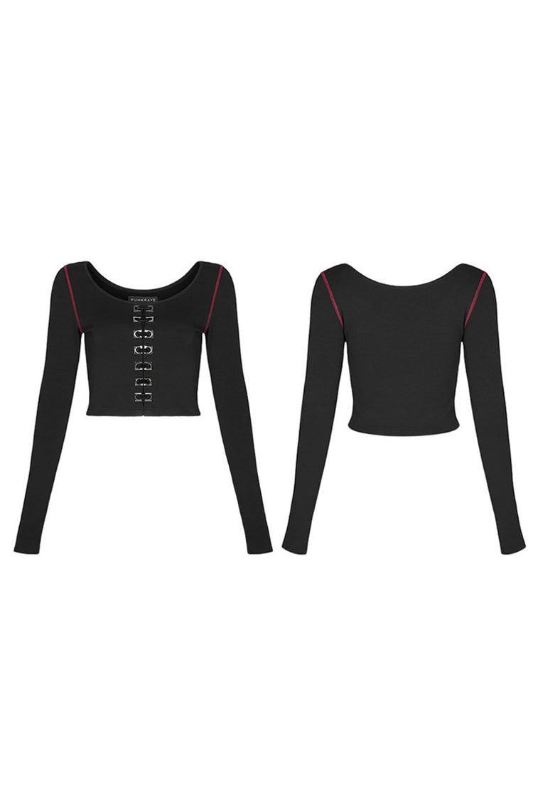 Black Round Collar Long Sleeve Front Metal Square Eyelets Decoration Short Tight Women's Punk T-Shirt - Product - 5