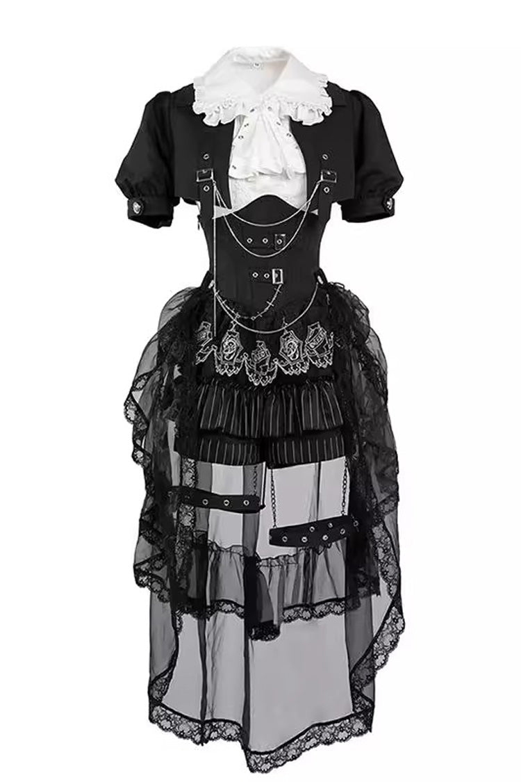 Black Lapel Collar Short Sleeves Lace Prince Ouji Lolita Three-piece Set - Product - 3