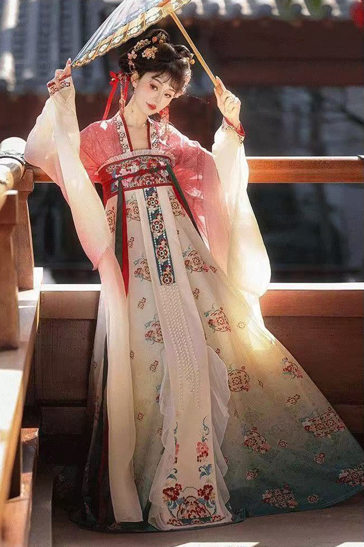 Pink/Blue High Waisted Print Embroidery Women's Classic Hanfu Dress Full Set - Product - 5