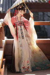 Pink/Blue High Waisted Print Embroidery Women's Classic Hanfu Dress Full Set - Product - 5
