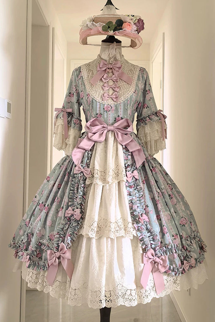 Green [Lilica Garden] Lapel Collar Short Trumpet Sleeves Flower Wall Printed Ruffled Open-Front Bow Lace Sweet Elegant Luxurious Lolita Dress - Product - 3