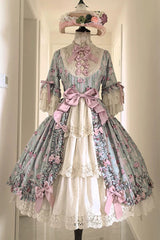 Green [Lilica Garden] Lapel Collar Short Trumpet Sleeves Flower Wall Printed Ruffled Open-Front Bow Lace Sweet Elegant Luxurious Lolita Dress - Product - 3