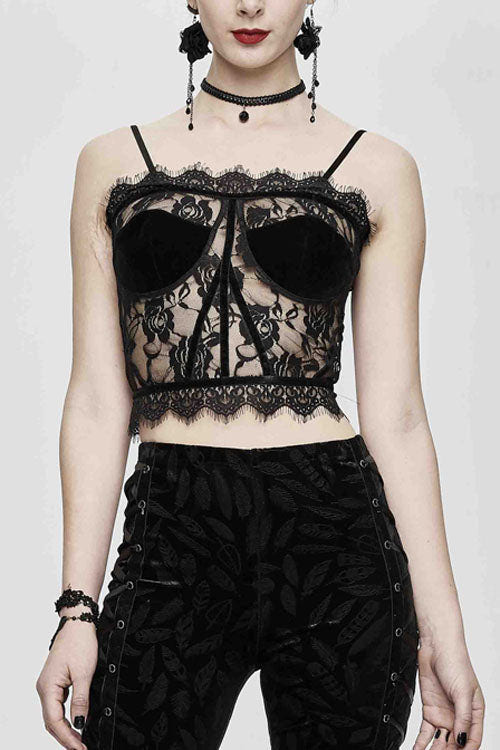 Black Adjustable Flocking Ribbons Decorated Lace Halter Gothic Corset - Black - 1