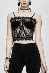 Black Adjustable Flocking Ribbons Decorated Lace Halter Gothic Corset - Black - 1