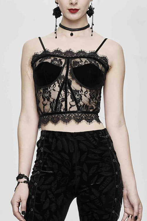 Black Adjustable Flocking Ribbons Decorated Lace Halter Gothic Corset - Black - 1