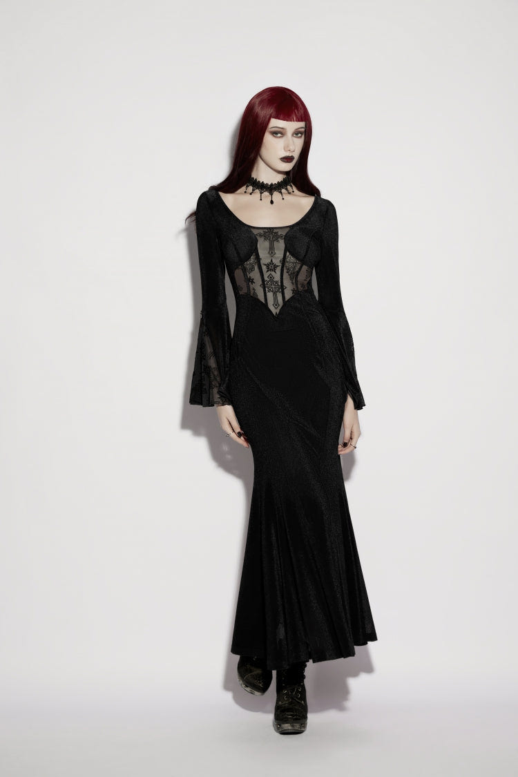 Black Round Collar Long Trumpet Sleeves Spliced Lace Lace-Up Slim Mesh Eyelet Women's Gothic Gorgeous Dress Graduation Dress - Product - 6