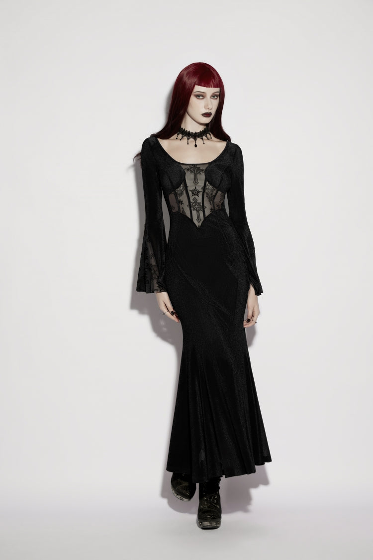 Black Round Collar Long Trumpet Sleeves Spliced Lace Lace-Up Slim Mesh Eyelet Women's Gothic Gorgeous Dress Graduation Dress - Product - 6