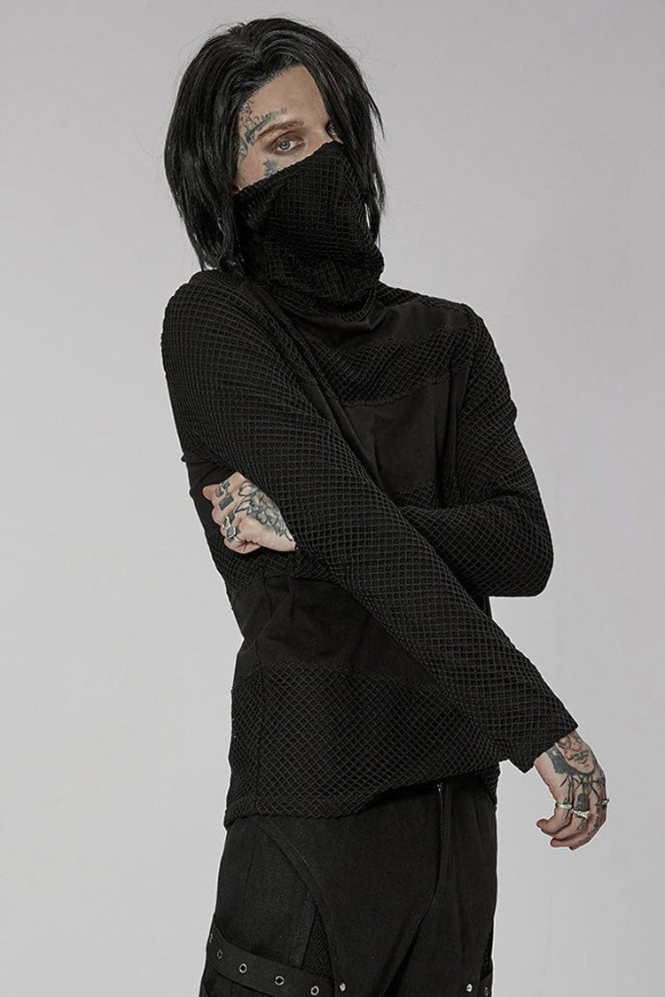 Black Punk Super High Collar Masked Hanging Ear Splicing Mesh Long Sleeves Men's T-Shirt - Product - 3