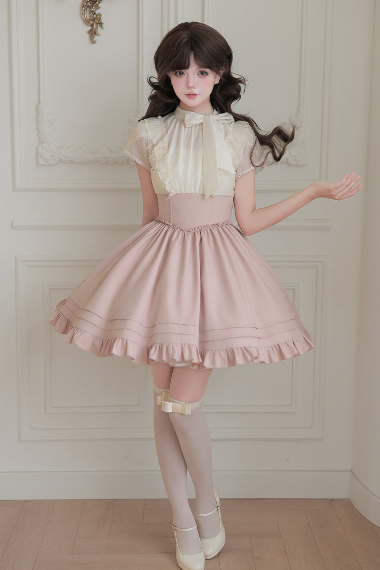 White/Pink Round Collar Short Sleeves Ruffled Bow Lace Color-Blocked Boned Sweet Lolita Dress 2 Versions - Product - 15