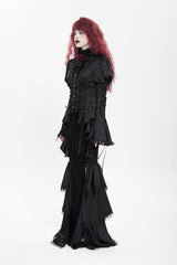Black Stand Collar Long Puff Sleeves Floral Jacquard Lace-Up Women's Gothic Blouse - Product - 7