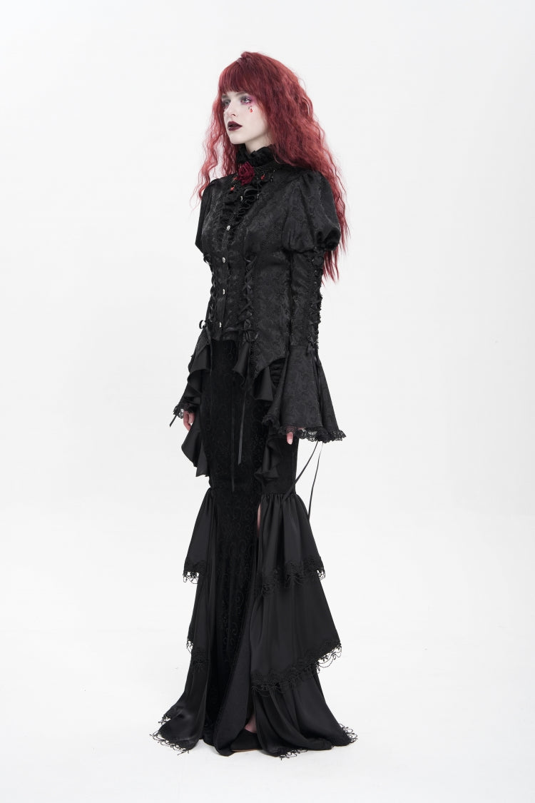 Black Stand Collar Long Puff Sleeves Floral Jacquard Lace-Up Women's Gothic Blouse - Product - 7