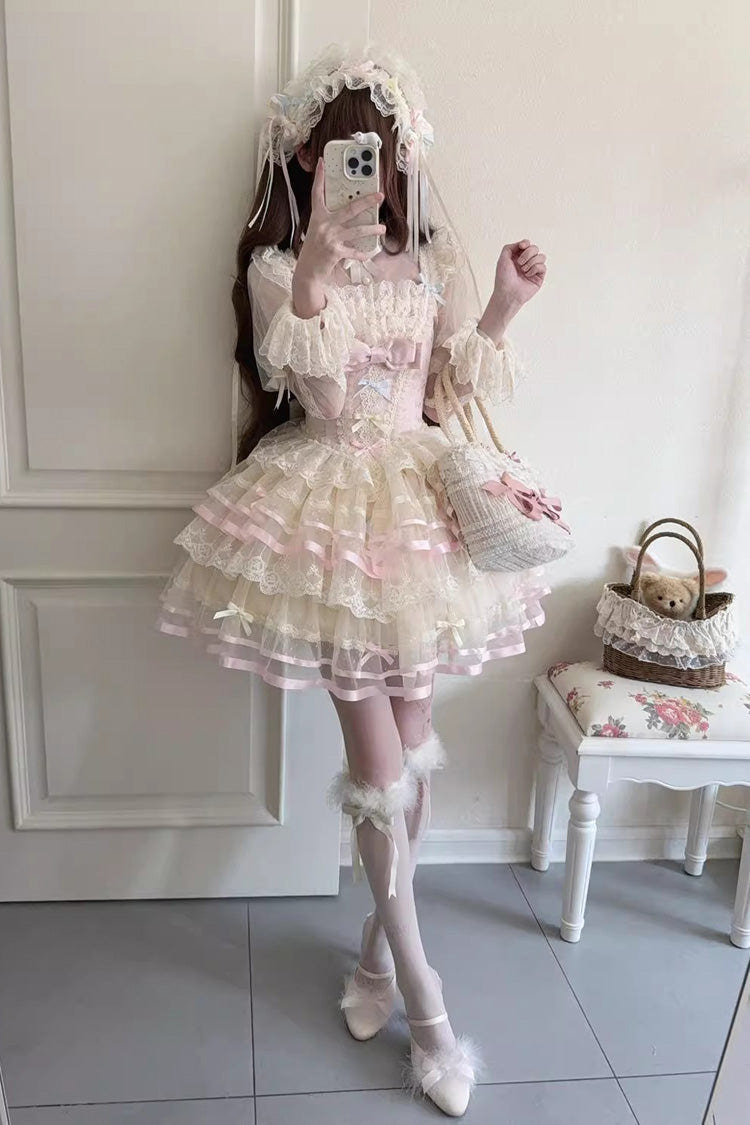 Pink [Butterfly Heart Ballet] Triple-Layered Ruffle Bowknot Lace Sweet Ballet Lolita Jsk Dress - Product - 5