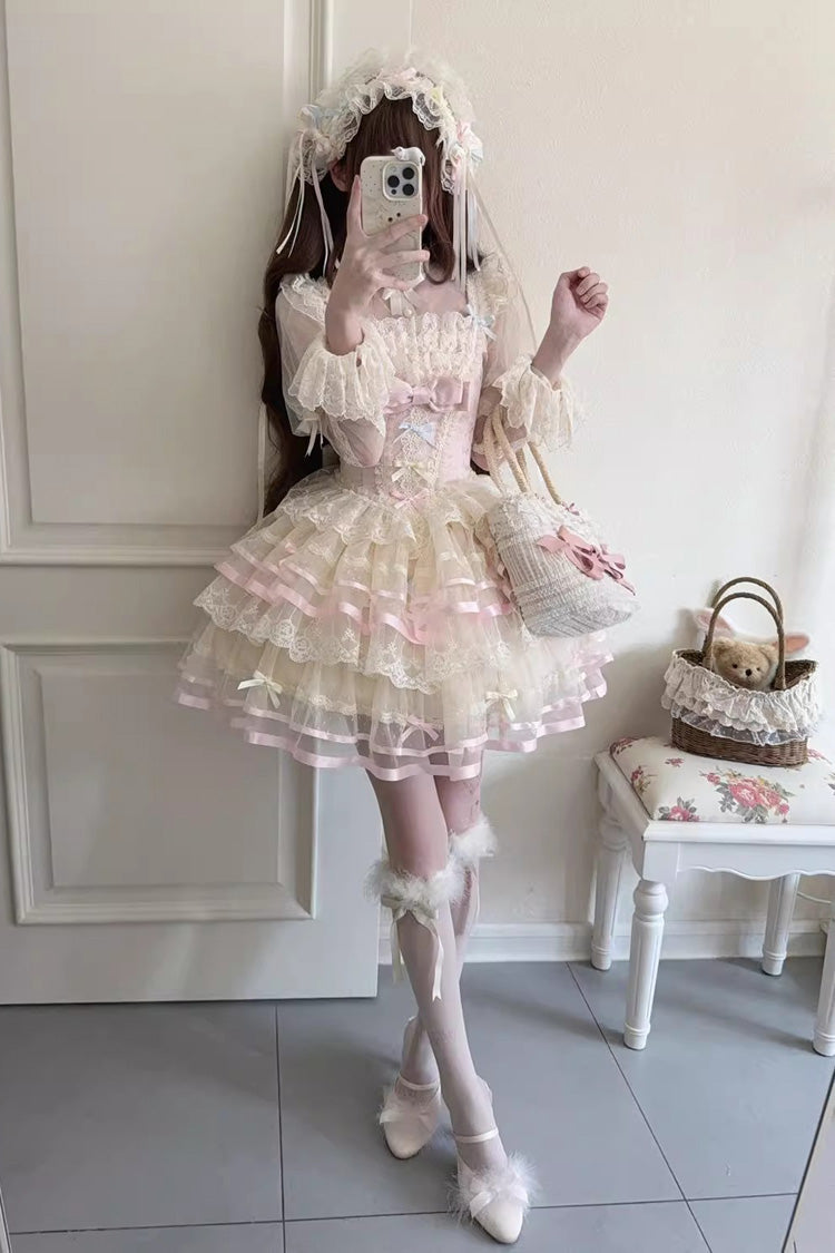 Pink [Butterfly Heart Ballet] Triple-Layered Ruffle Bowknot Lace Sweet Ballet Lolita Jsk Dress - Product - 5