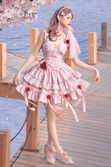 Pink Weeping Rose Double-Layered Ruffle Embroidery Bowknot Lace Sweet Ballet Lolita Skirt Set - Pink - 1