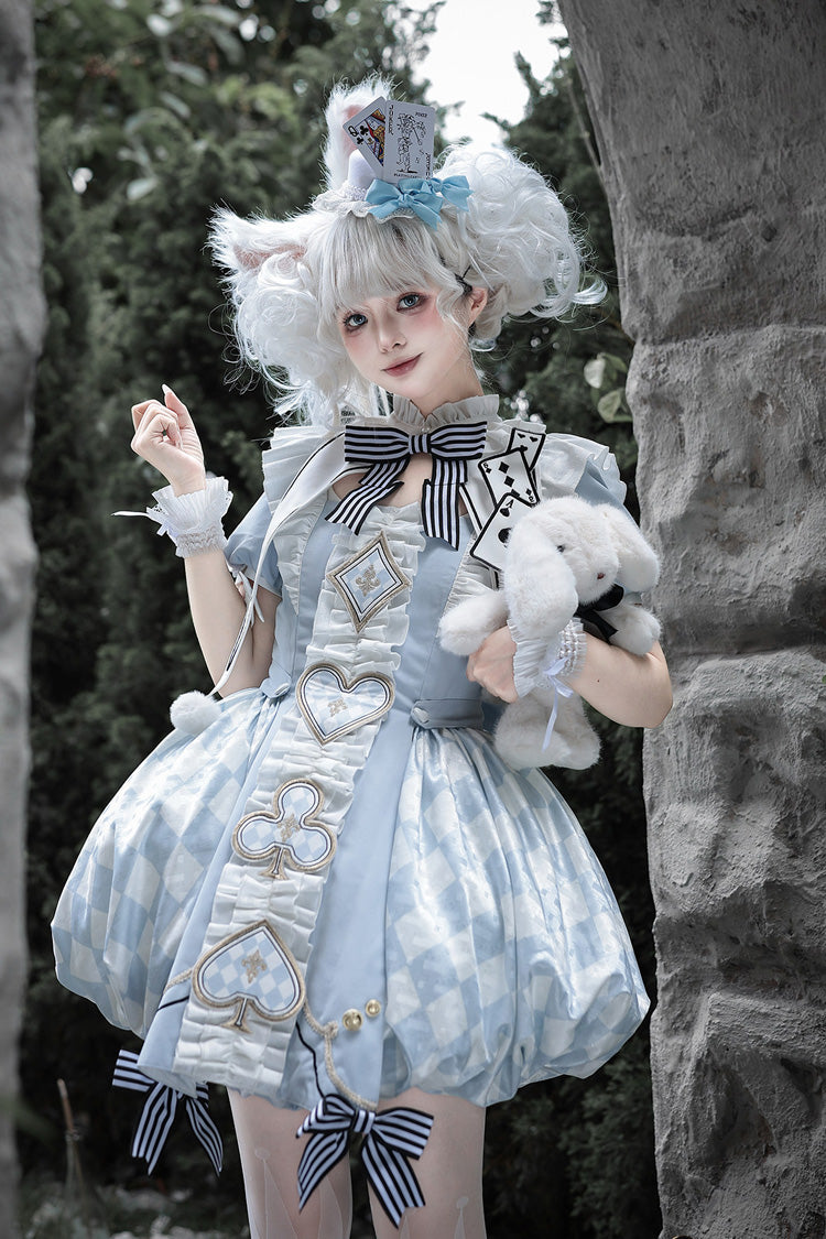Blue [Dedicated to Alice] Square Collar Short Sleeves Jacquard Printed Ruffled Bow Sweet Lolita Dress Set - Product - 3