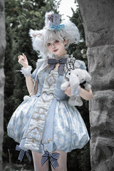 Blue [Dedicated to Alice] Square Collar Short Sleeves Jacquard Printed Ruffled Bow Sweet Lolita Dress Set - Product - 3