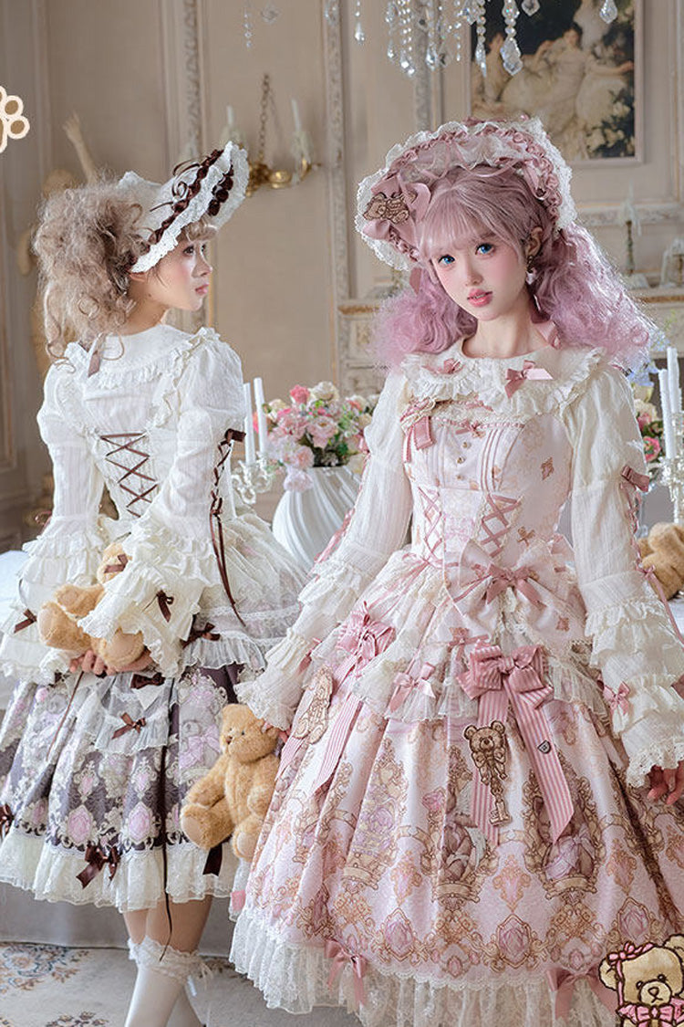 Brown [Antique Teddy Bear] Sleeveless Printed Bow Lace Sweet Elegant Lolita Jsk Dress - Product - 8