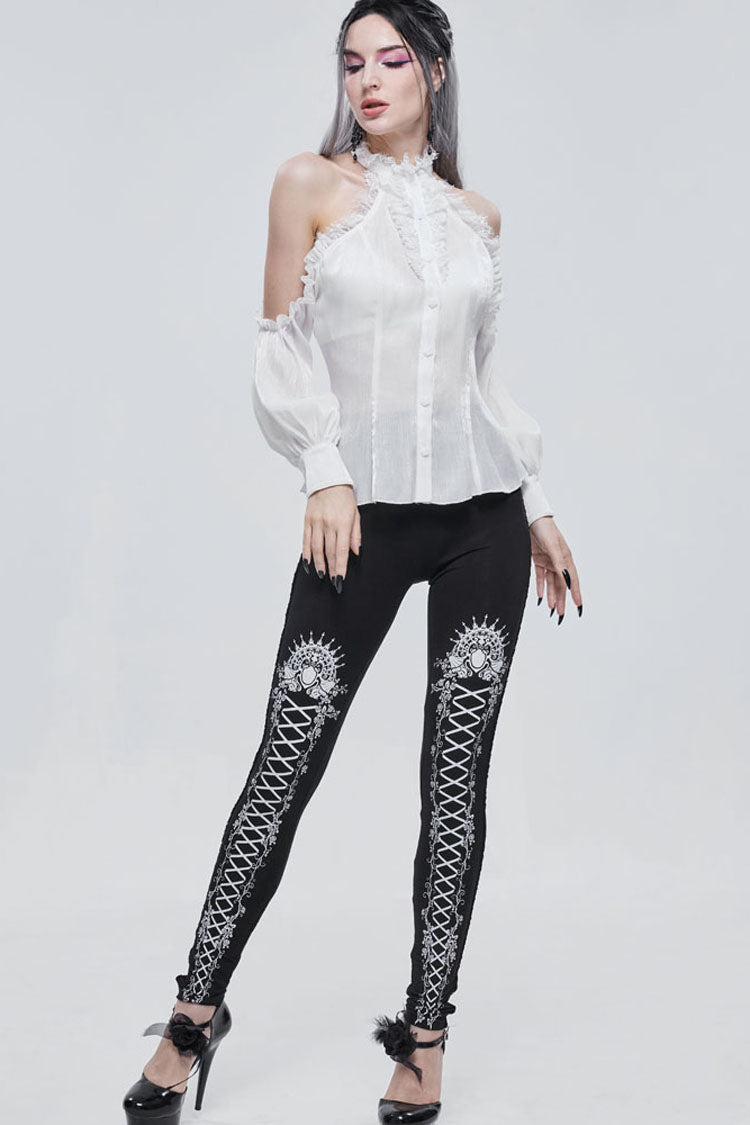 Black/White Gothic Printed Decoration Tie-Rope Elasticity Women's Leggings - Product - 8