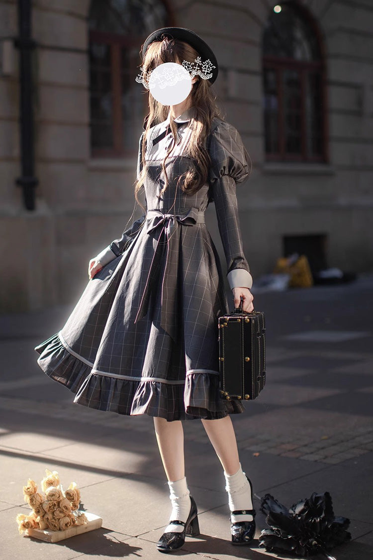 Grey Plaid Print Ruffle Bowknot Classic Vintage College Style Elegant Lolita Dress - Product - 5