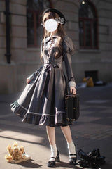 Grey Plaid Print Ruffle Bowknot Classic Vintage College Style Elegant Lolita Dress - Product - 5