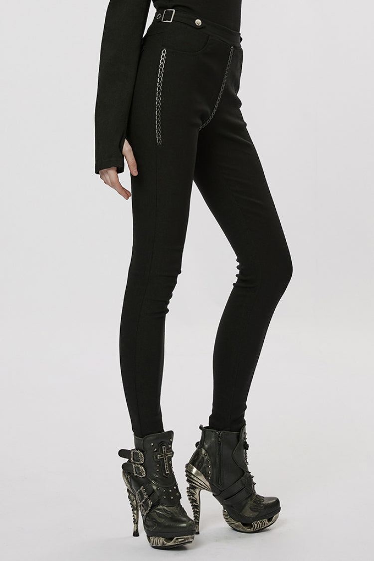 Black Slim Silver Chain Metal Rivets Women's Steampunk Military Leggings - Product - 2