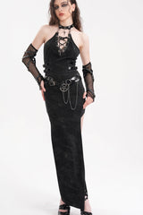 Black Chains Buckle-up Halterneck Hollow Lace-Up Women's Gothic Strap Maxi Dress - Product - 10
