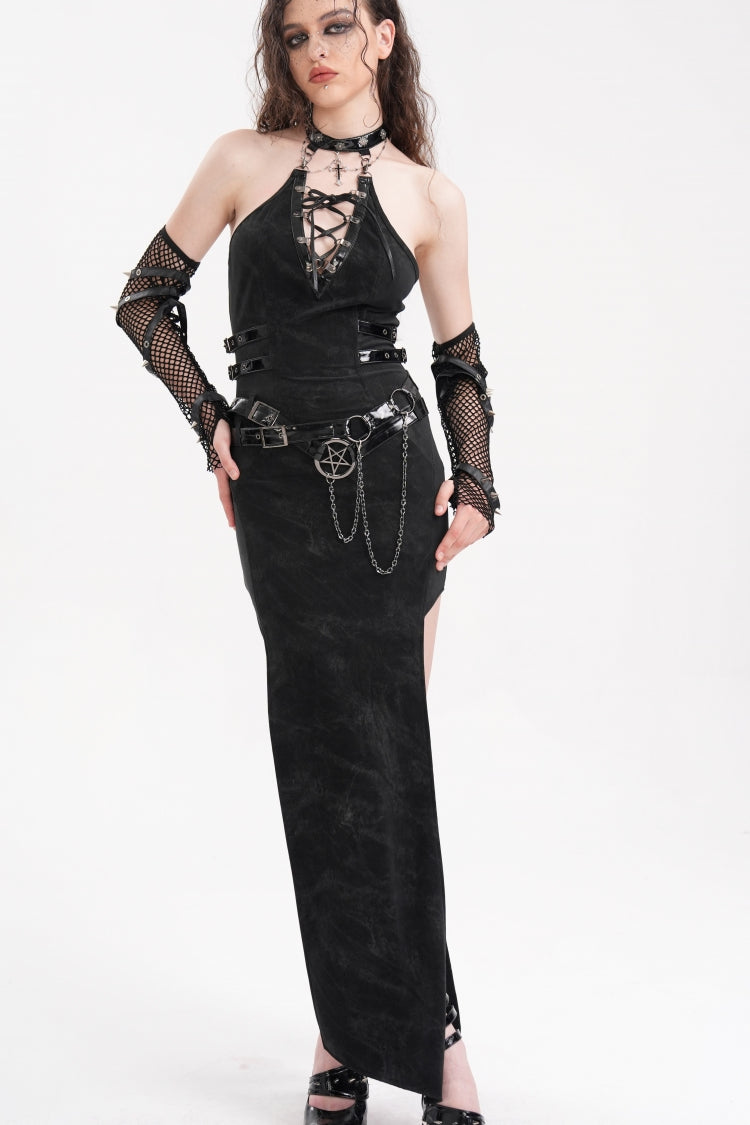 Black Chains Buckle-up Halterneck Hollow Lace-Up Women's Gothic Strap Maxi Dress - Product - 10