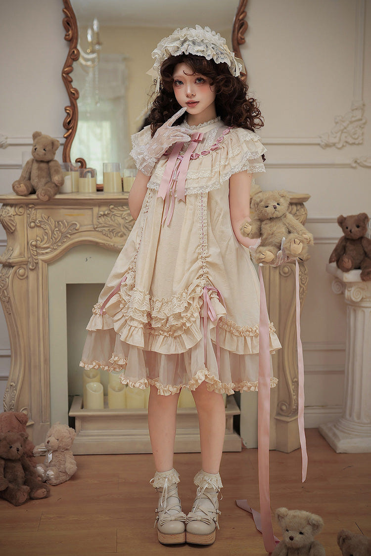 Apricot [Lily's Dream] Stand Collar Short Sleeves Loose-Fit Doll-Like Multi-Layered Ruffled Bow Lace Sweet Lolita Dress 2 Versions - Product - 16