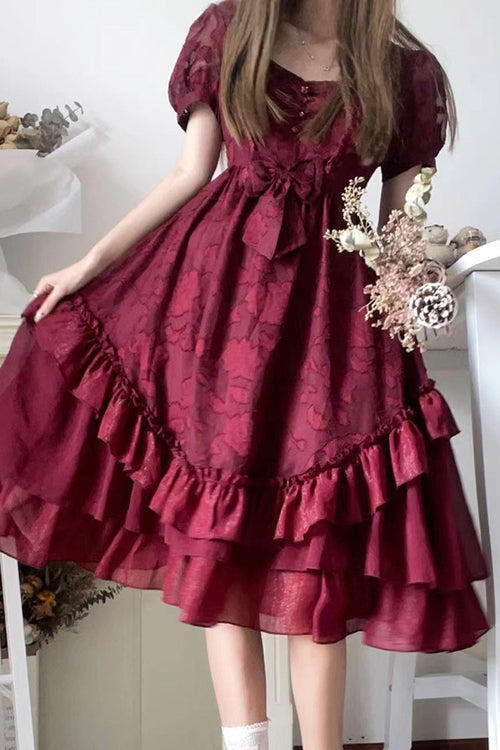 French Elegant Print Multi-Layer Ruffled Short Sleeve Classic Lolita Dress - Red - 1