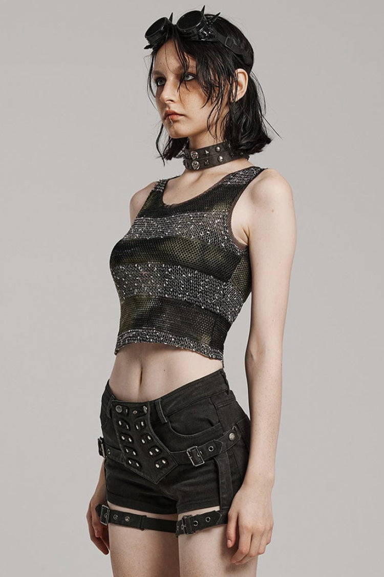 Black/Green Round Collar Sleeveless Hollow Slim Striped Womens Daily Steampunk Vest - Product - 2