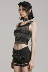 Black/Green Round Collar Sleeveless Hollow Slim Striped Womens Daily Steampunk Vest - Product - 2