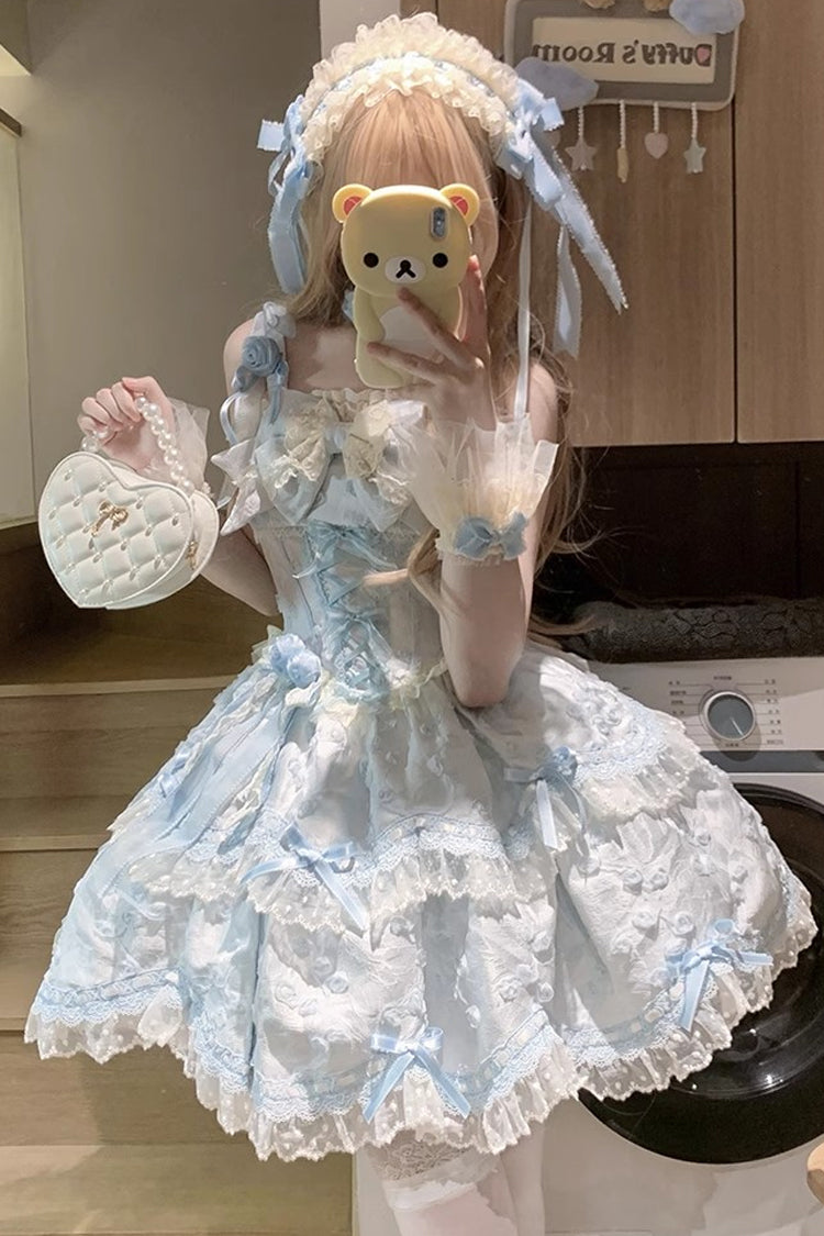 Blue [Floral Overture] Double-Layered Ruffle Embroidery Bowknot Lace Sweet Lolita Jsk Dress - Product - 8