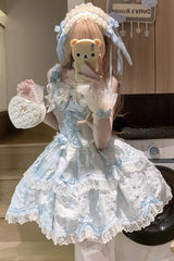 Blue [Floral Overture] Double-Layered Ruffle Embroidery Bowknot Lace Sweet Lolita Jsk Dress - Product - 8