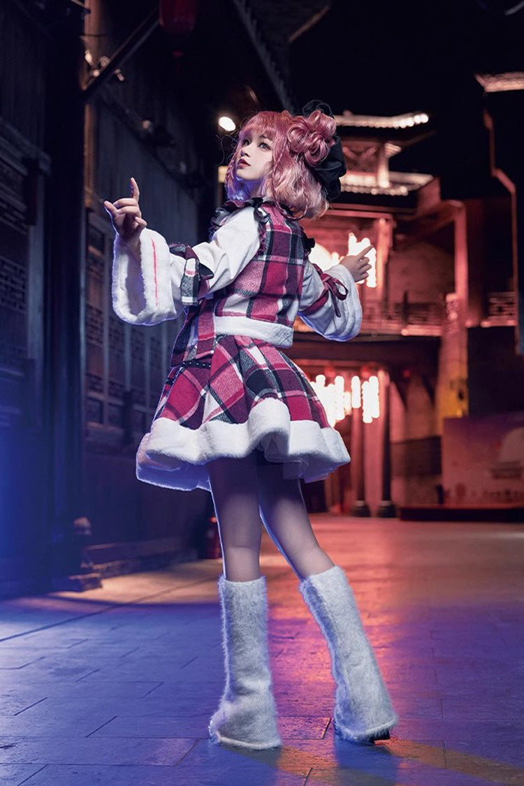 Multi-Color Plaid Print Bowknot Autumn Winter Sweet Chinese Style Lolita Skirt Set - Product - 7