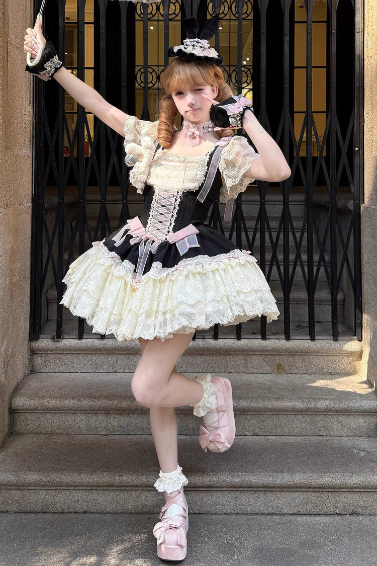 [Goodnight Alice] Sleeveless Ruffled Bow Lace-Up Sweet Lolita Jsk Dress 3 Colors - Product - 14