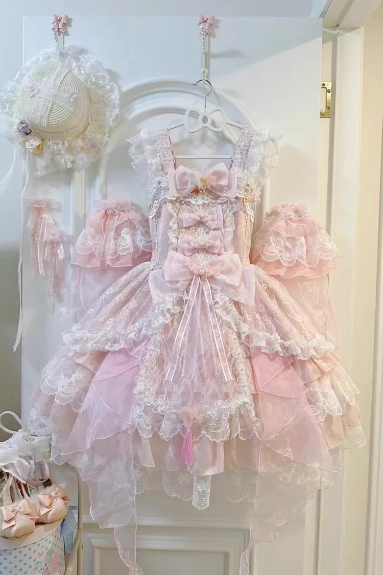 Pink [Spring Waters Reflecting Pear Blossoms] Ruffled Embroidered Open-Front Bow Lace Sweet Lolita Jsk Dress - Product - 3