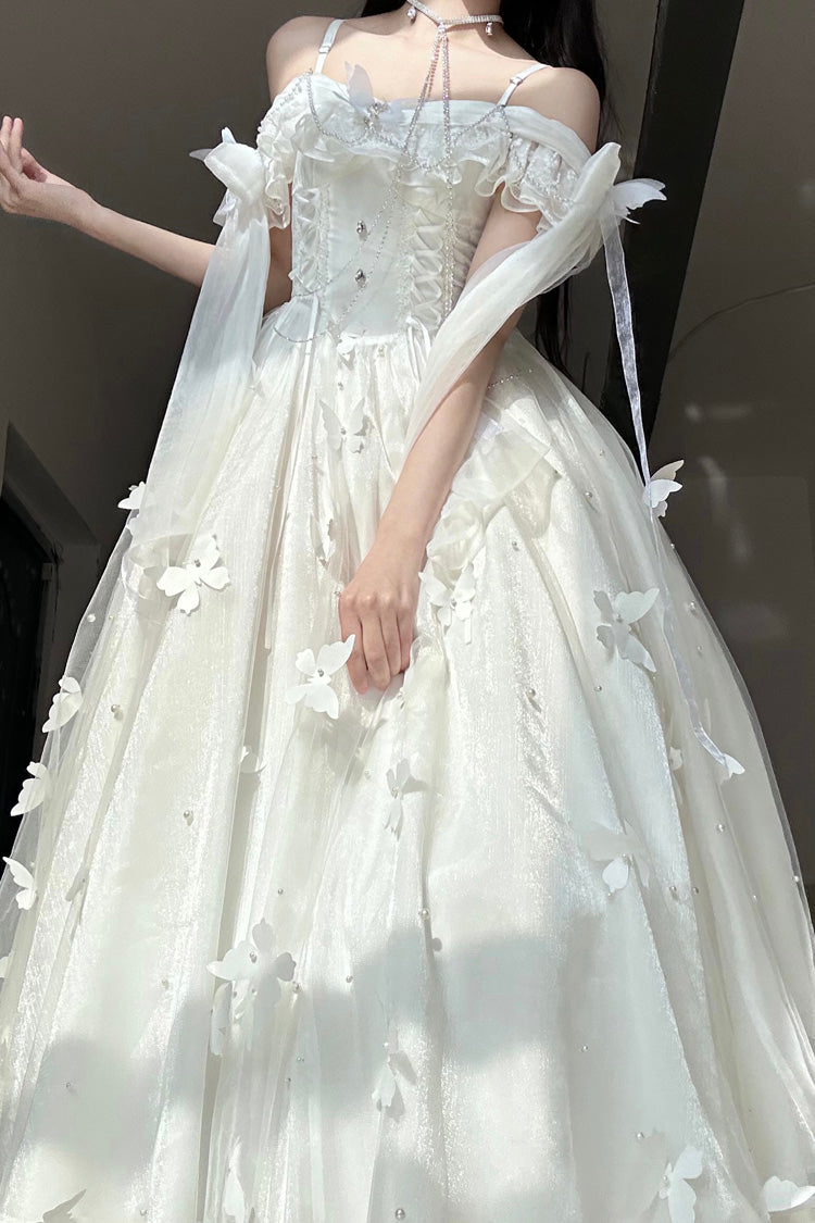 White [Summer Wind Chimes] 3D Butterfly Decoration Bowknot Sweet Lolita Jsk Dress - White - 1