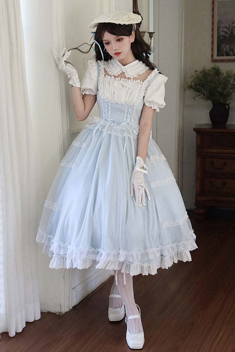 Light Blue Confession Poem Square Collar Short Sleeves Ruffle Sweet Elegant Lolita Dress Set - Product - 2