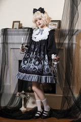 Black Bandage Bear Print Long Sleeves Ruffle Bowknot Lace Gothic Lolita Dress - Product - 5