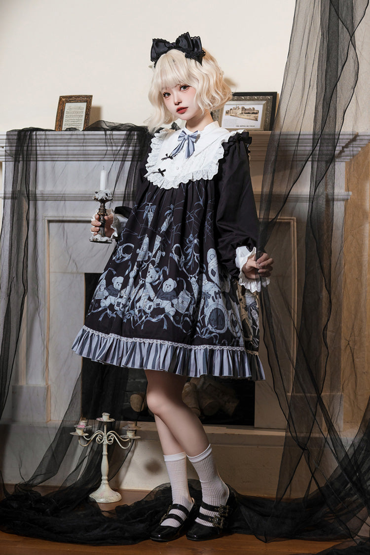 Black Bandage Bear Print Long Sleeves Ruffle Bowknot Lace Gothic Lolita Dress - Product - 5