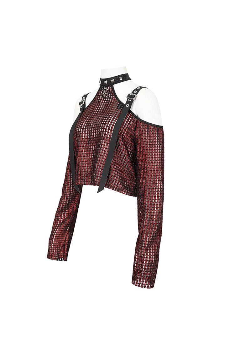 Red Off Shoulder Buckle Sheer Crop Women's Gothic Shirt - Product - 8