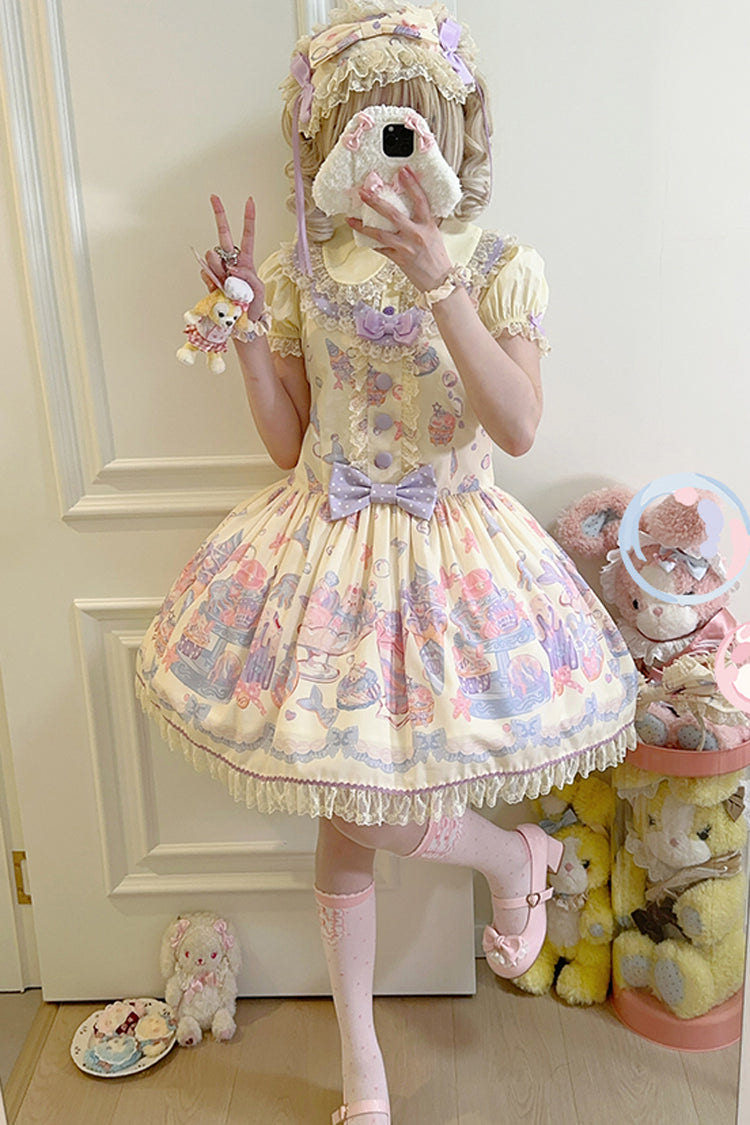 Cream Soda Mermaid Print Light Yellow Bowknot Lace Sweet Lolita Strap Dress - Product - 8