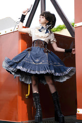 Blue Middle Ages Ruffle Embroidery Bowknot Classic Punk Vintage Lolita Skirt Full Set - Product - 2
