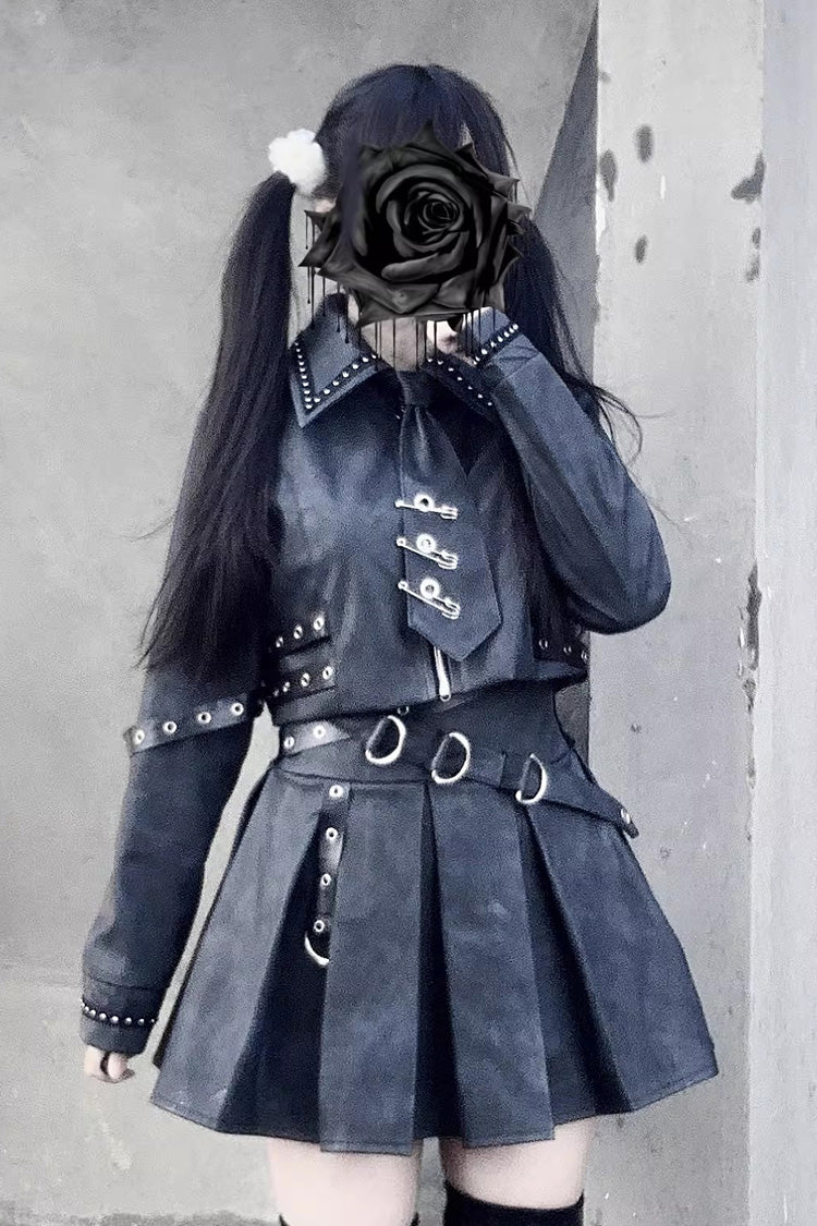 Black [Eternal Night of Bones] Lapel Collar Long Sleeves Studded Eyelet Gothic Jirai Kei Japanese Handsome Top and Skirt Set - Product - 2