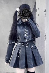 Black [Eternal Night of Bones] Lapel Collar Long Sleeves Studded Eyelet Gothic Jirai Kei Japanese Handsome Top and Skirt Set - Product - 2