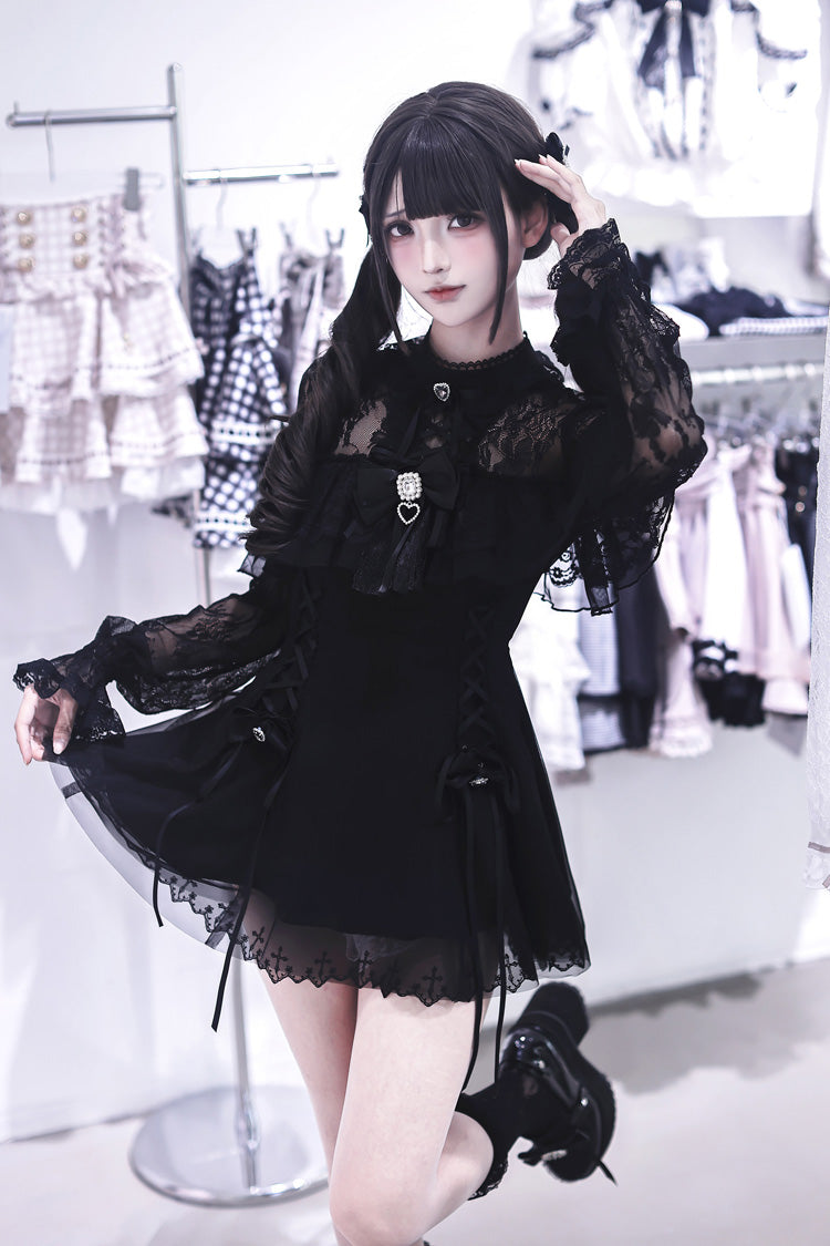 Black [Lace Doll] Round Collar Long Sleeves Ruffled Cut-Out Embroidered Bow Lace Gothic Jirai Kei Japanese Dress - Product - 5